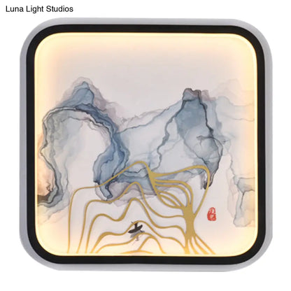 Black Metal Riverside Mountain Mural Chinese Square LED Wall Light - Elegant Flush Mount Design
