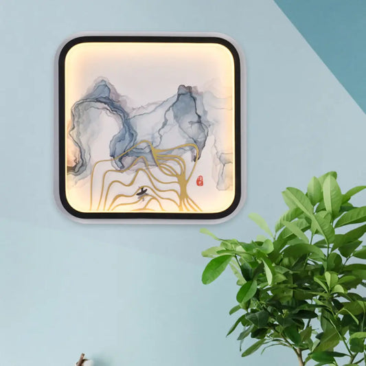 Black Metal Riverside Mountain Mural Chinese Square LED Wall Light - Elegant Flush Mount Design