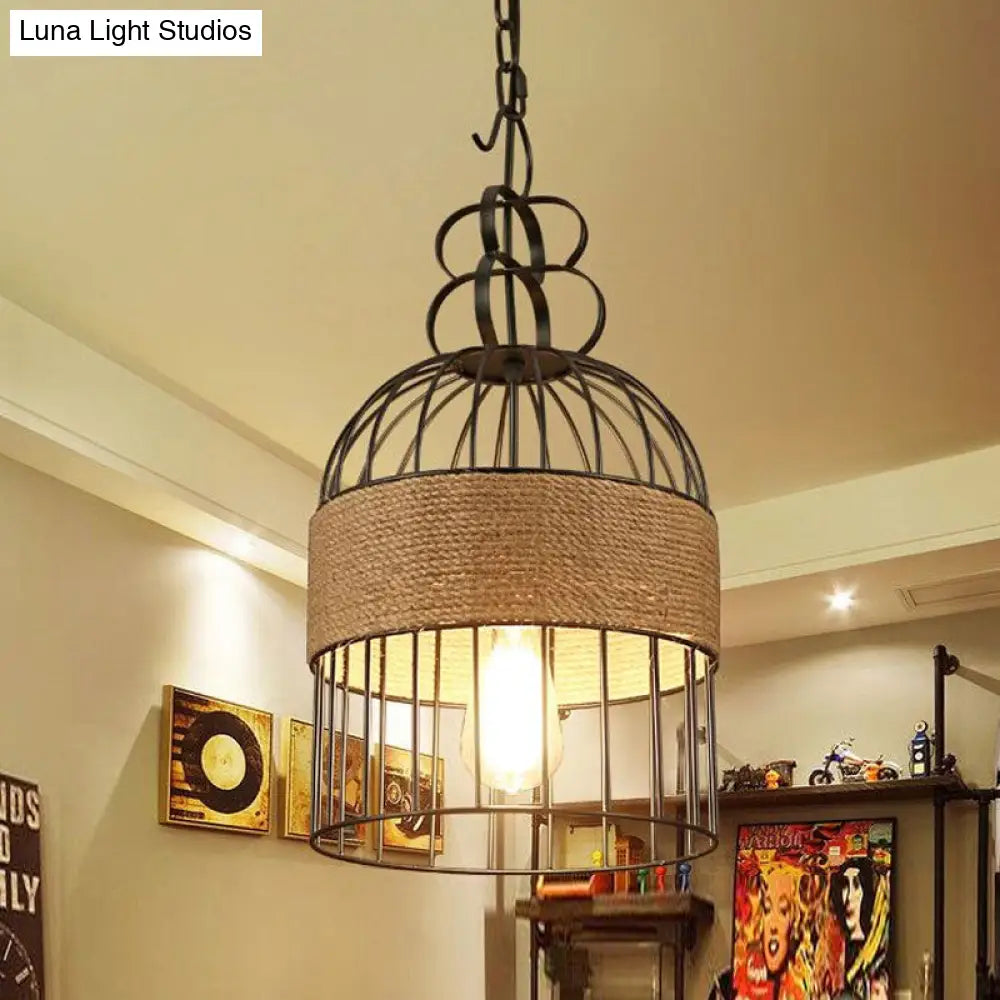 Black Metal & Rope Bird Cage Pendant Lamp for Restaurants