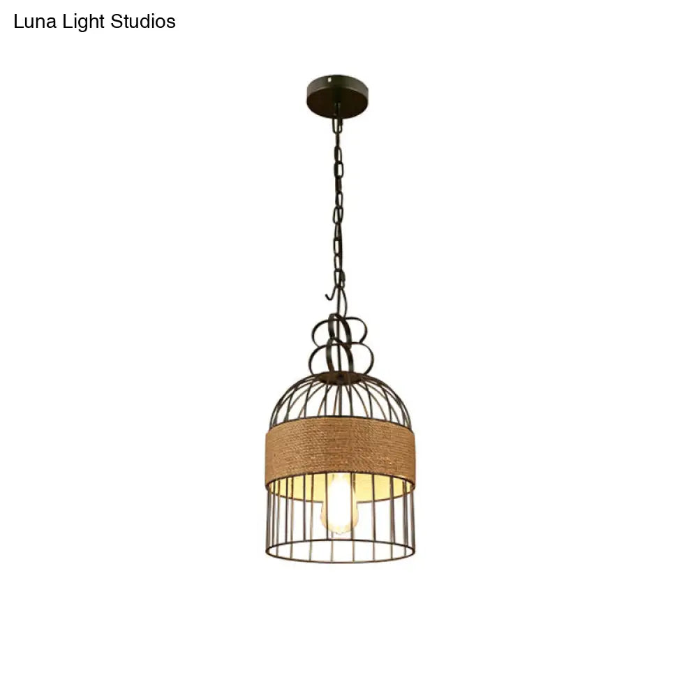 Black Metal & Rope Bird Cage Pendant Lamp for Restaurants