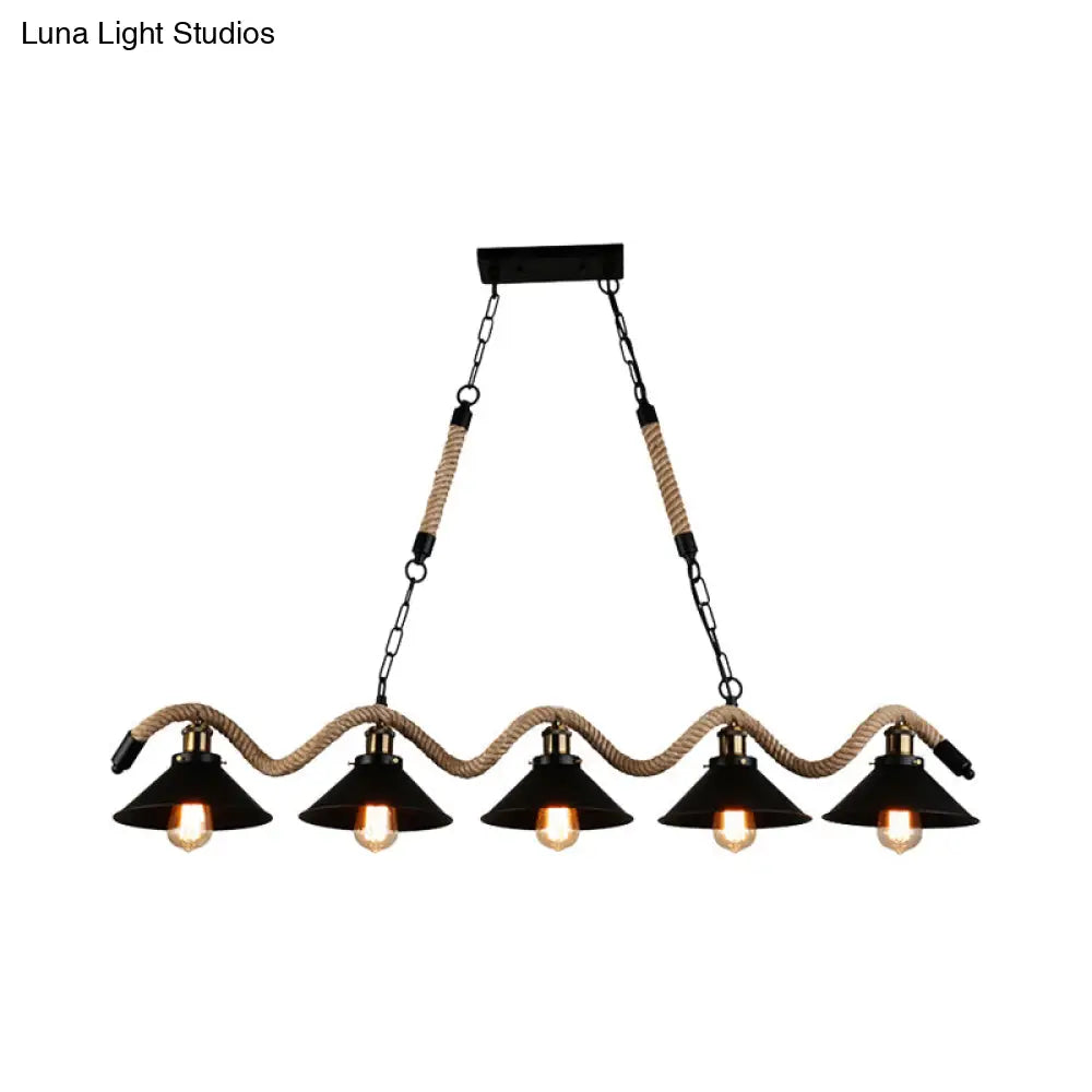 ديكوربايتس™ مصباح معلق أسود معدني وحبل - على طراز المزرعة بتصميم مخروطي متموج، 3/5 لمبات