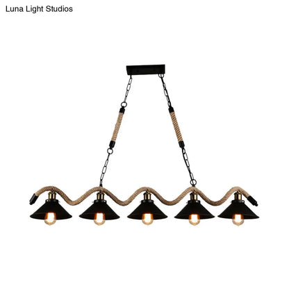 ديكوربايتس™ مصباح معلق أسود معدني وحبل - على طراز المزرعة بتصميم مخروطي متموج، 3/5 لمبات