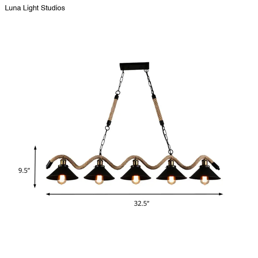 ديكوربايتس™ مصباح معلق أسود معدني وحبل - على طراز المزرعة بتصميم مخروطي متموج، 3/5 لمبات