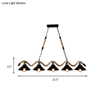 ديكوربايتس™ مصباح معلق أسود معدني وحبل - على طراز المزرعة بتصميم مخروطي متموج، 3/5 لمبات