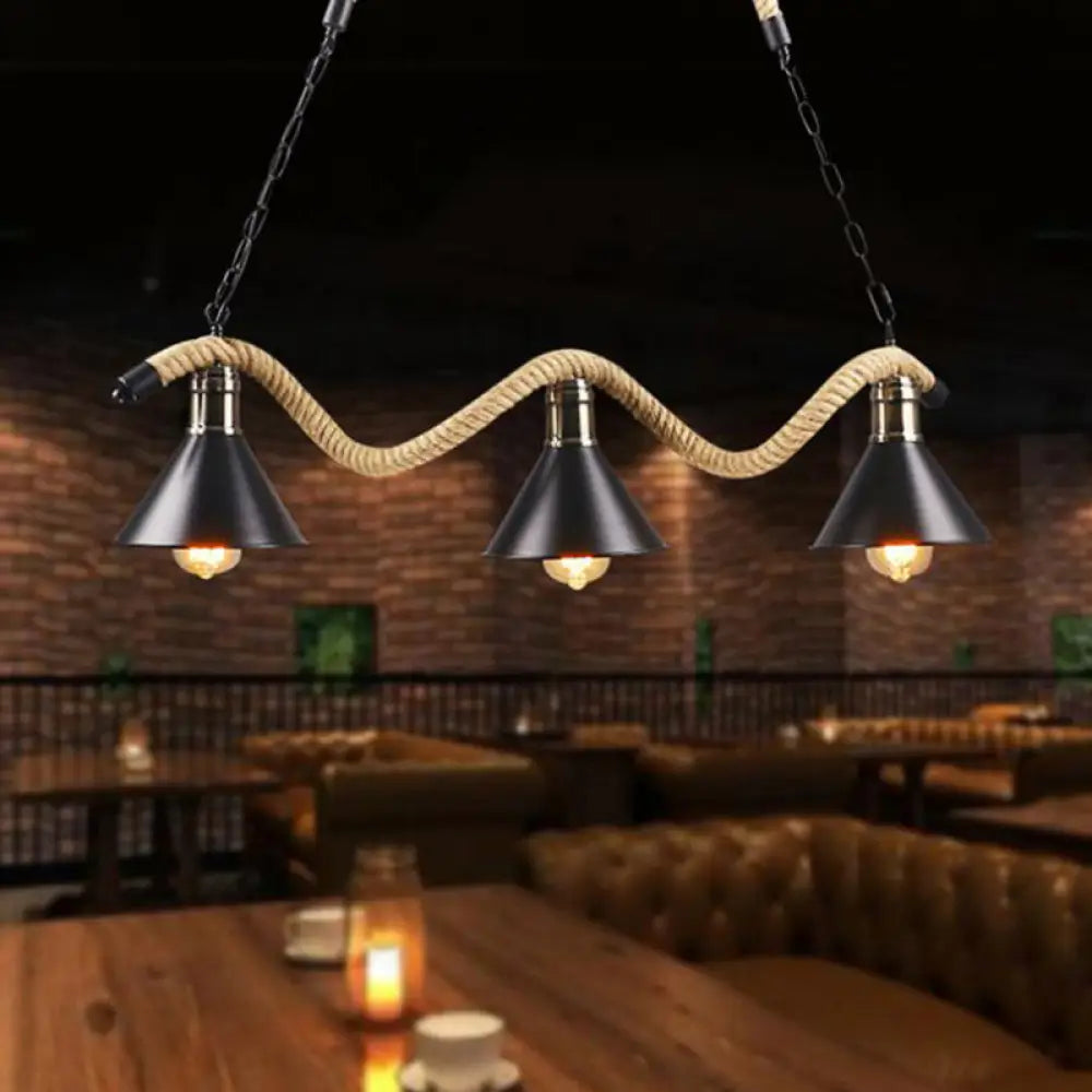 ديكوربايتس™ مصباح معلق أسود معدني وحبل - على طراز المزرعة بتصميم مخروطي متموج، 3/5 لمبات
