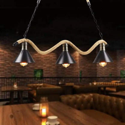 ديكوربايتس™ مصباح معلق أسود معدني وحبل - على طراز المزرعة بتصميم مخروطي متموج، 3/5 لمبات