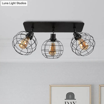 وحدة إضاءة سقف دوارة معدنية سوداء من DecorBites™ للمطاعم - تصميم قفص شبه مسطح صناعي مع رؤوس 1/2/3