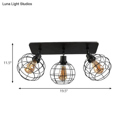 وحدة إضاءة سقف دوارة معدنية سوداء من DecorBites™ للمطاعم - تصميم قفص شبه مسطح صناعي مع رؤوس 1/2/3