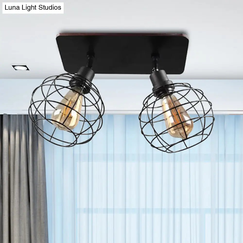 وحدة إضاءة سقف دوارة معدنية سوداء من DecorBites™ للمطاعم - تصميم قفص شبه مسطح صناعي مع رؤوس 1/2/3