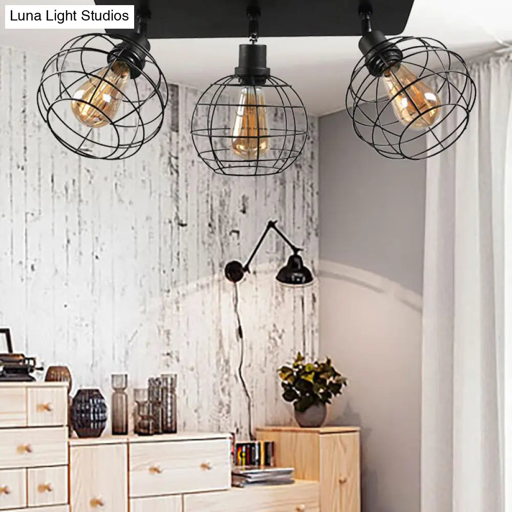 وحدة إضاءة سقف دوارة معدنية سوداء من DecorBites™ للمطاعم - تصميم قفص شبه مسطح صناعي مع رؤوس 1/2/3