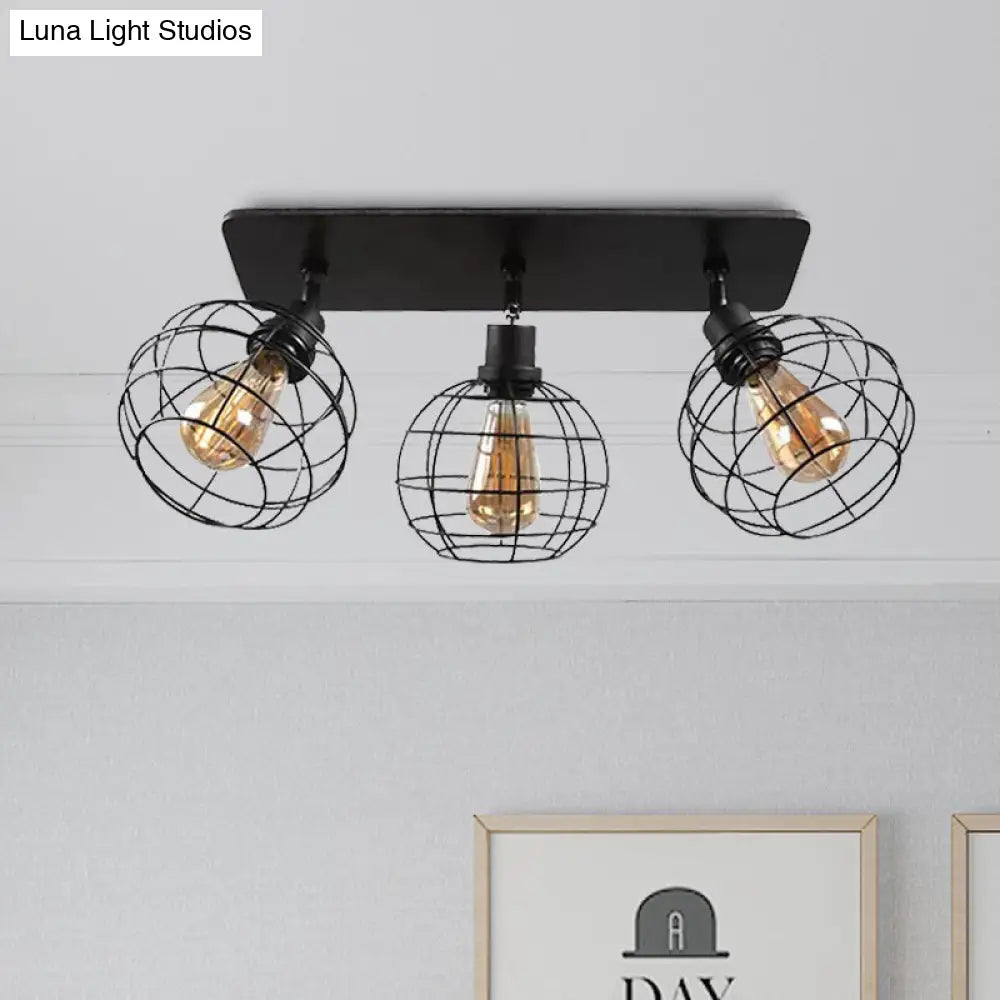 وحدة إضاءة سقف دوارة معدنية سوداء من DecorBites™ للمطاعم - تصميم قفص شبه مسطح صناعي مع رؤوس 1/2/3