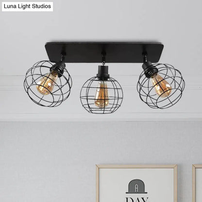 وحدة إضاءة سقف دوارة معدنية سوداء من DecorBites™ للمطاعم - تصميم قفص شبه مسطح صناعي مع رؤوس 1/2/3