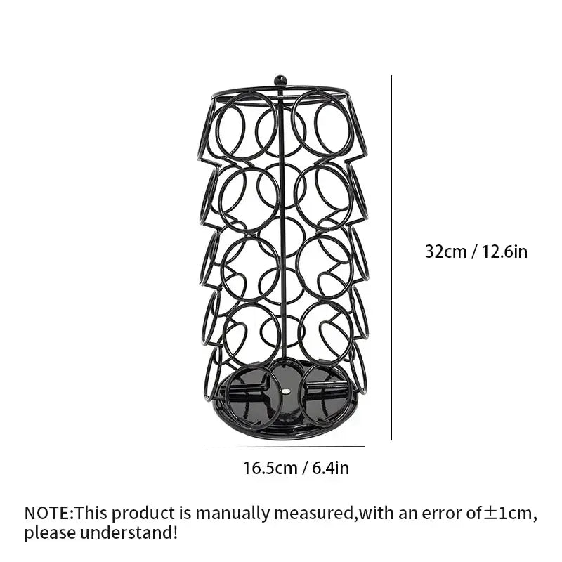 Black metal rotating dolce gusto storage rack with circular wire loops and flat base for capsule organization