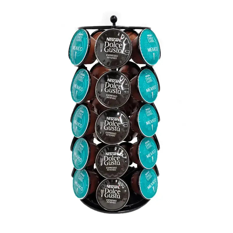 Black metal rotating storage rack holding nescafé dolce gusto espresso intenso capsules for kitchen use