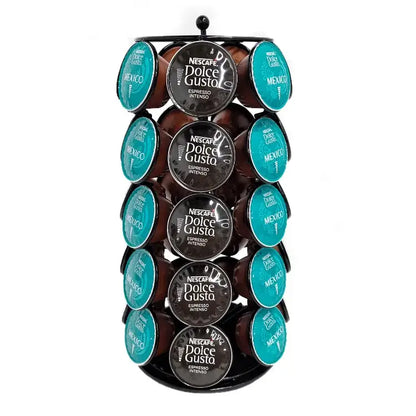 Black metal rotating dolce gusto storage rack holding multiple coffee capsules for kitchen organization