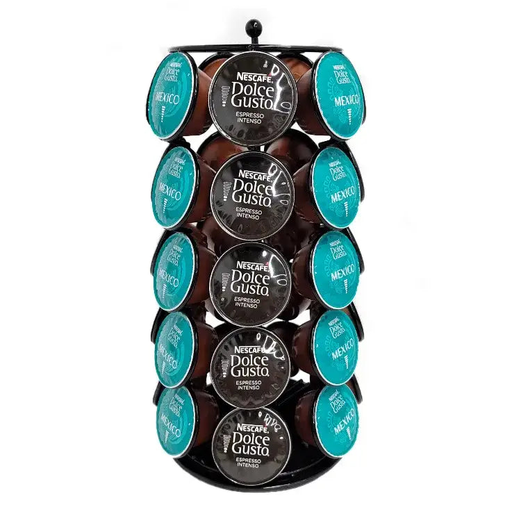 Black metal rotating dolce gusto storage rack holding multiple coffee capsules for kitchen organization