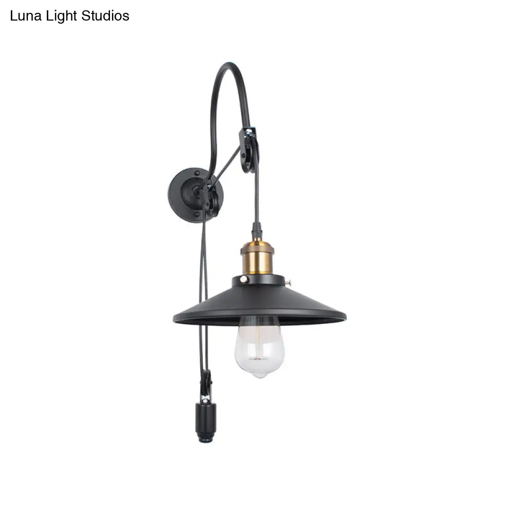 Black Metal Sconce Lighting - Industrial Single Bulb Wall Mounted Lamp with Pulley for Dining Room