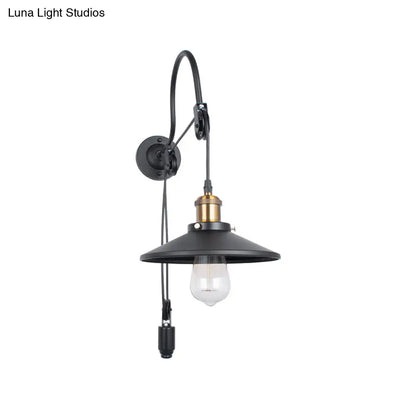Black Metal Sconce Lighting - Industrial Single Bulb Wall Mounted Lamp with Pulley for Dining Room