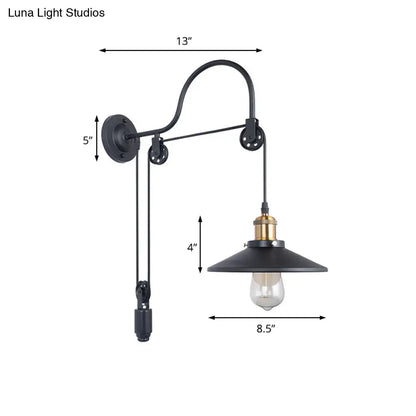 Black Metal Sconce Lighting - Industrial Single Bulb Wall Mounted Lamp with Pulley for Dining Room