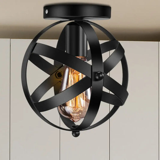 DecorBites™ Black Metal Semi Flush Mount Ceiling Light with Single Bulb & Industrial Strap Globe