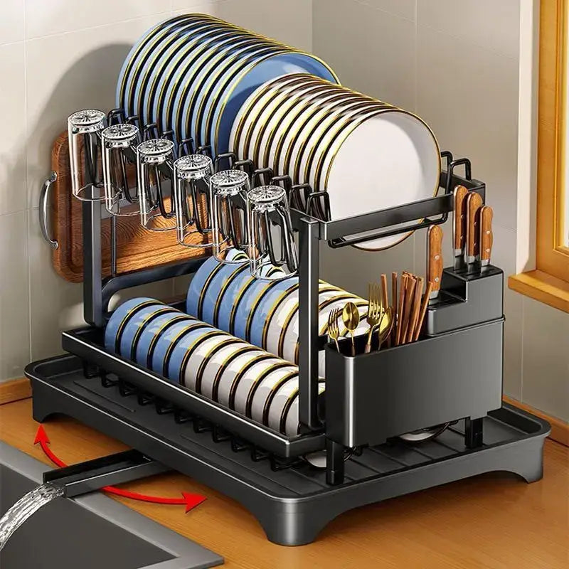 Black metal tiered kitchen dish drainer with multiple tiers holding plates glasses and cutlery by decorbites kitchen dish