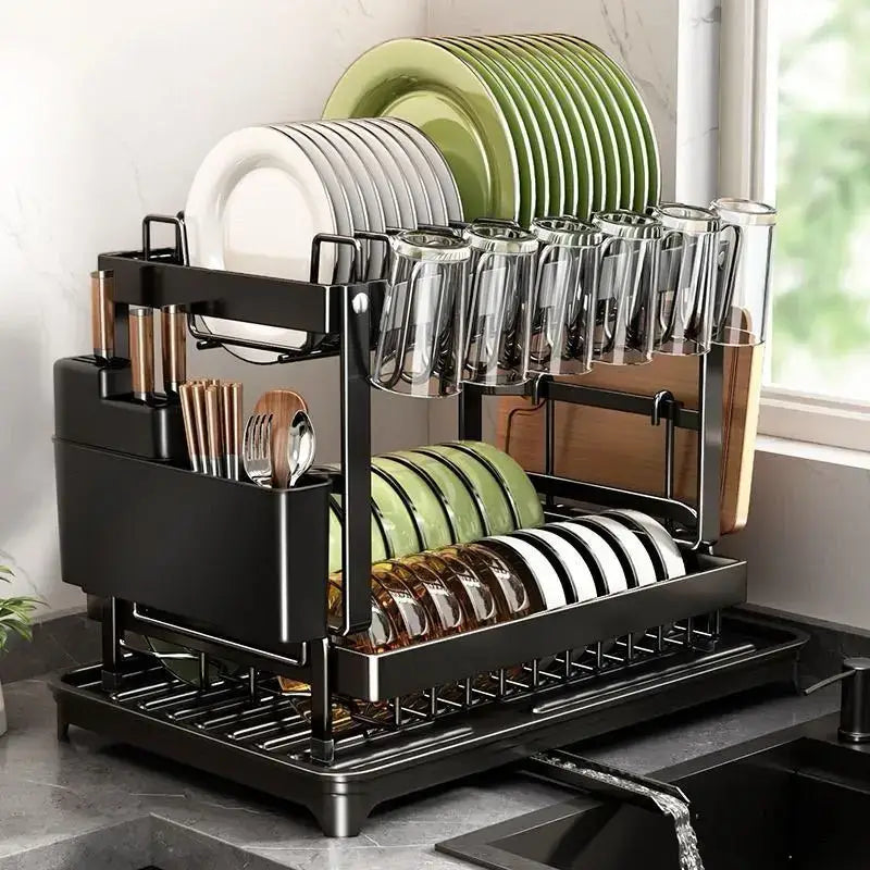 Black metal tiered kitchen dish drainer with two tiers, integrated utensil holder, and glass cup holders by decorbites kitchen