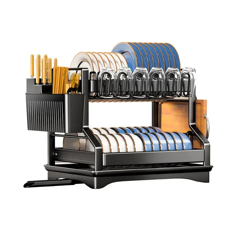 Black metal two-tier decorbites kitchen dish drainer with blue and white plates glassware holders and utensil storage compartment