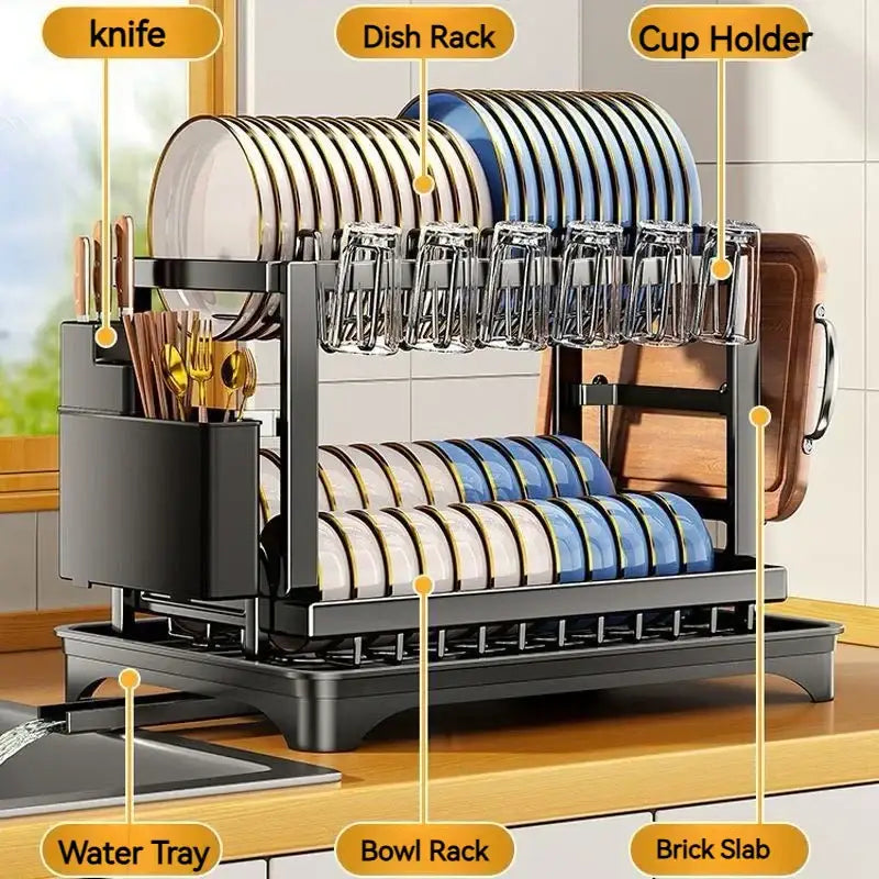 Black metal two-tier kitchen dish drainer with knife holder and stacked plates by decorbites kitchen dish for organized storage
