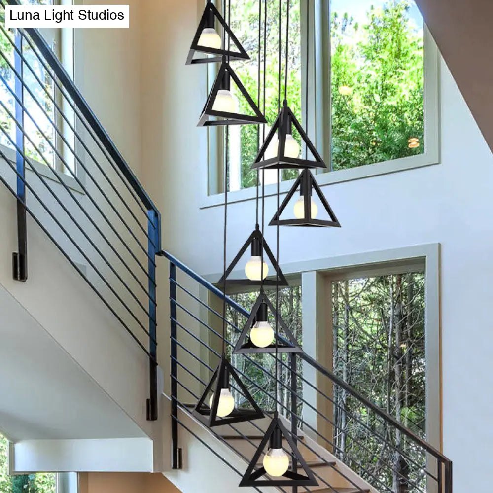 Black Metal Triangle Suspension Lamp - Modern Design, 8 Lights, Multi Hanging Light Fixture