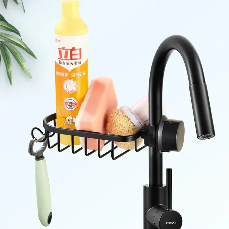 Black metal two tier adjustable shower caddy with faucet-mounted soap dish holding cleaning supplies for bathroom organization