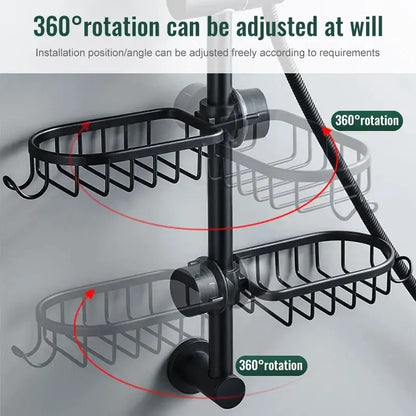 Black metal two tier adjustable shower caddy with 360 degree rotation and hook storage bathroom organizer
