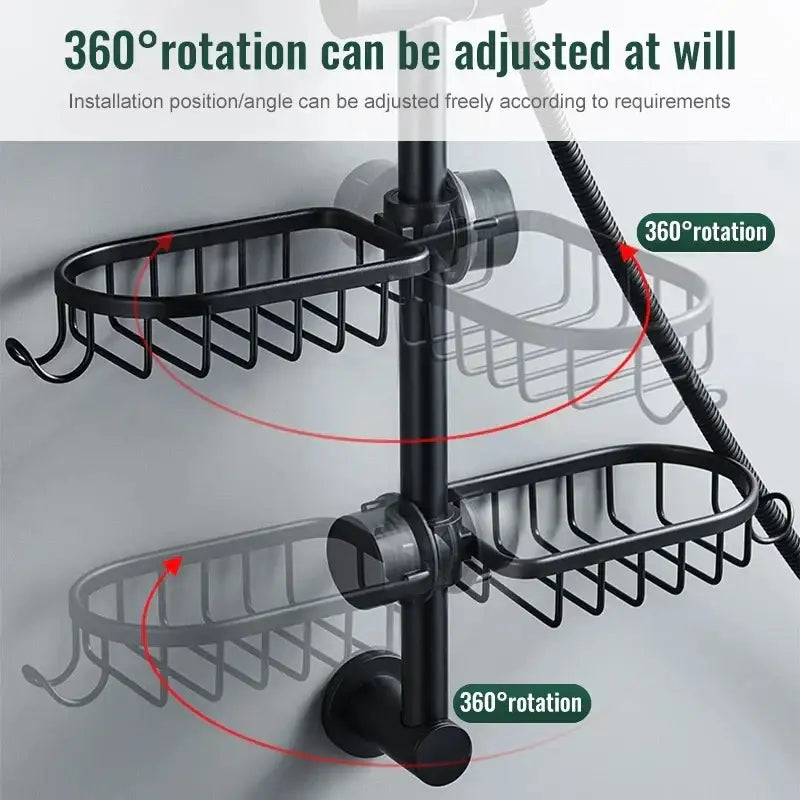 Black metal two tier adjustable shower caddy with 360 degree rotation and hook storage bathroom organizer