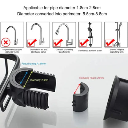 Black plastic pipe clamp with textured grip and labeled dimensions for faucet and rod diameters on adjustable shower caddy