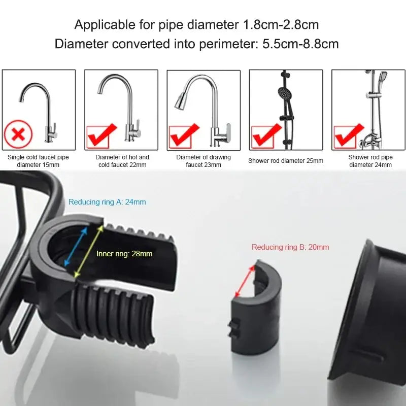 Black plastic pipe clamp with textured grip and labeled dimensions for faucet and rod diameters on adjustable shower caddy