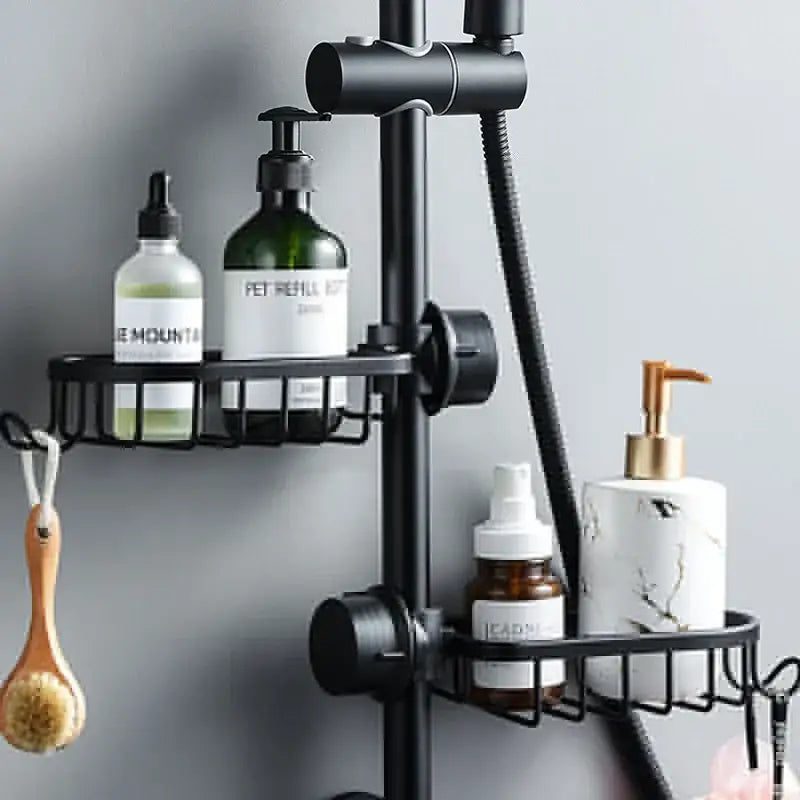 Black metal two tier adjustable shower caddy with adjustable arms for bathroom organization and storage