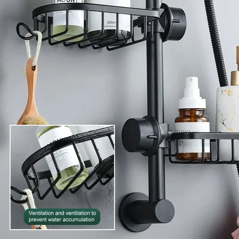 Black metal two tier adjustable shower caddy with sleek modern design for organizing toiletries in bathroom