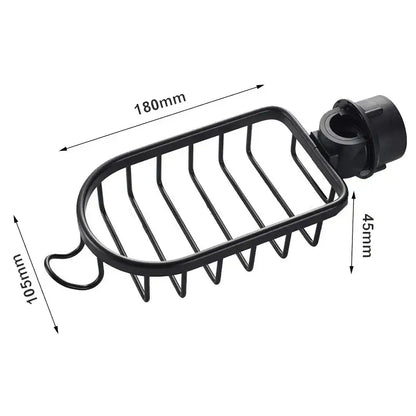 Black metal two tier adjustable shower caddy with sleek oval metal soap dish and integrated mounting bracket for bathrooms