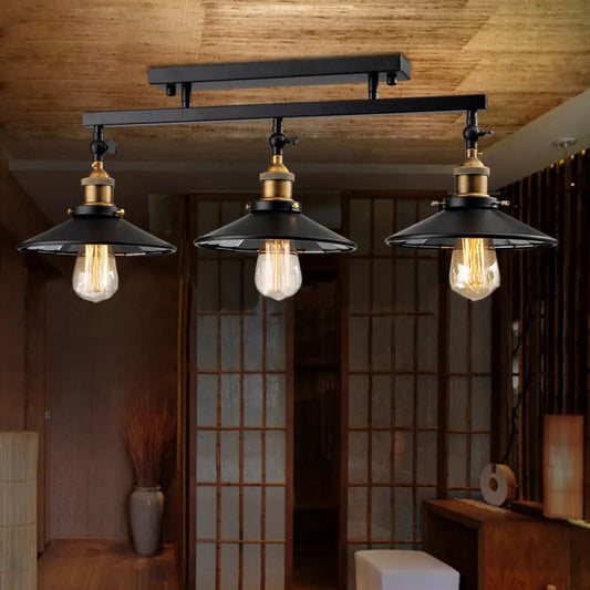 DecorBites™ Black Metal Vintage Island Ceiling Light Fixture with Cone Shades - 3 Heads, Stylish for Living Room