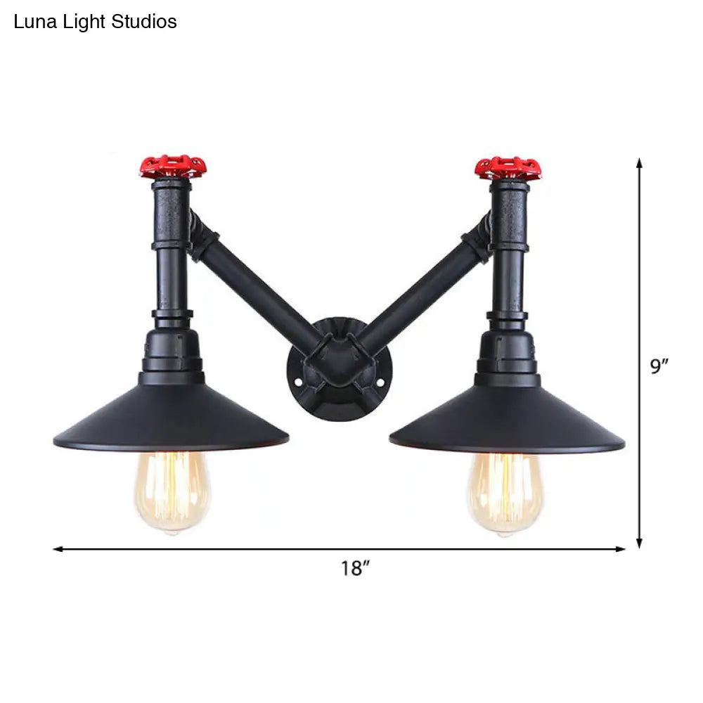 Black Metal Warehouse Style 2-Head Wall Lamp with Saucer Shade and Pipe Valve