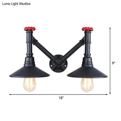 Black Metal Warehouse Style 2-Head Wall Lamp with Saucer Shade and Pipe Valve