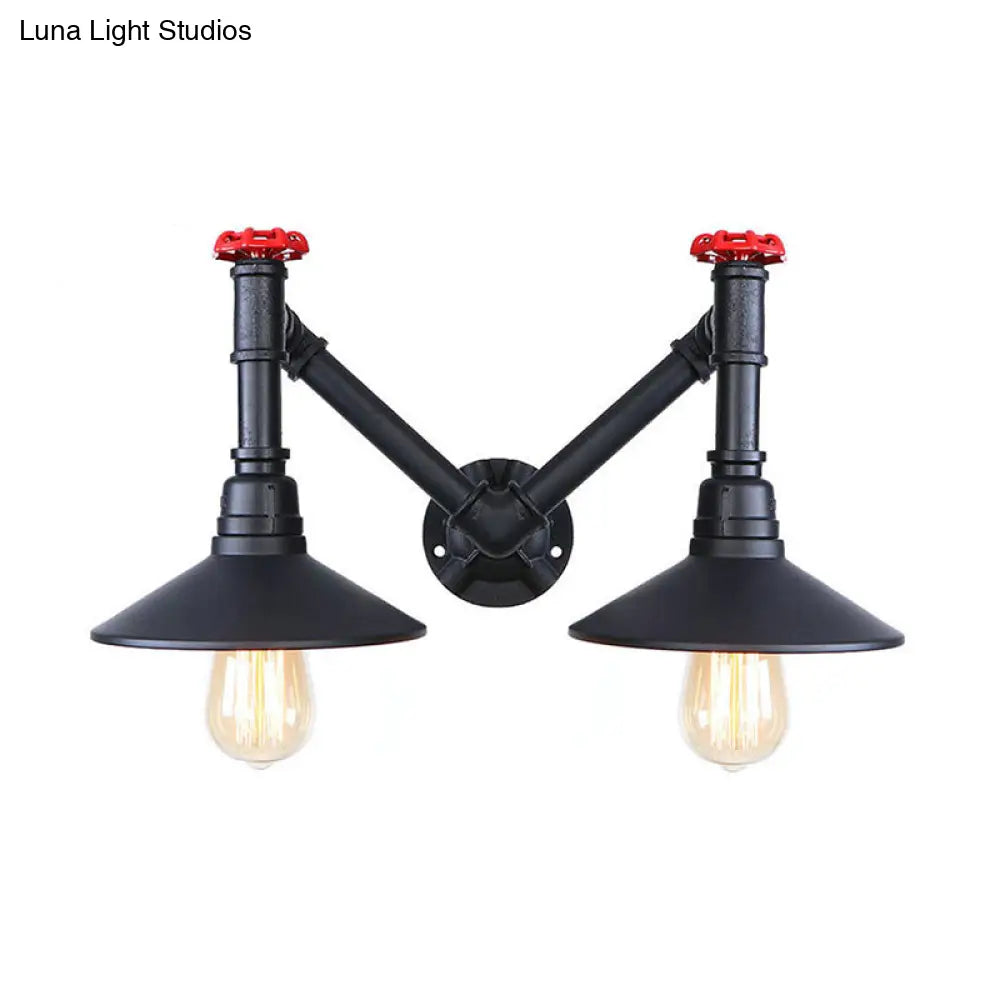 Black Metal Warehouse Style 2-Head Wall Lamp with Saucer Shade and Pipe Valve