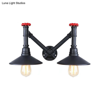 Black Metal Warehouse Style 2-Head Wall Lamp with Saucer Shade and Pipe Valve