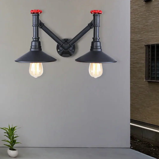 Black Metal Warehouse Style 2-Head Wall Lamp with Saucer Shade and Pipe Valve