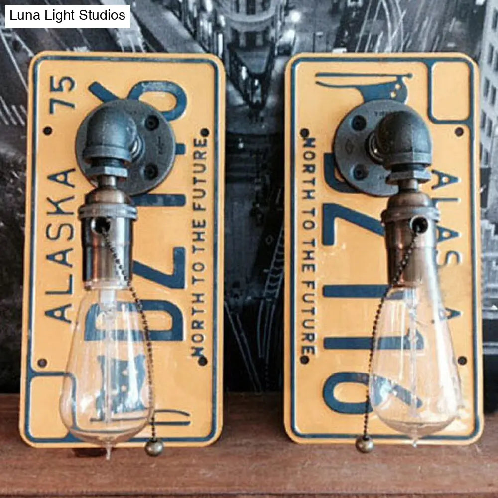 Black Metal Warehouse Water Pipe Sconce Light with Rectangle Backplate - 1 Bulb Wall Lamp