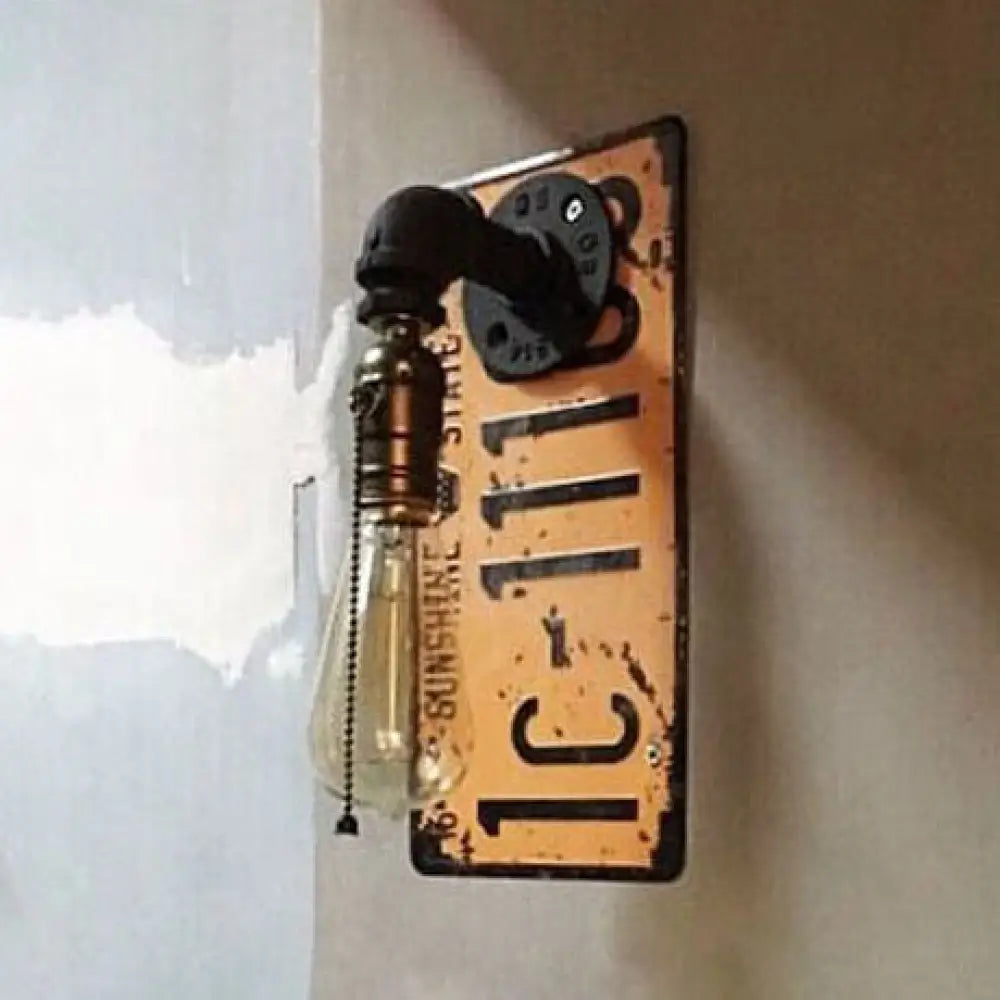 Black Metal Warehouse Water Pipe Sconce Light with Rectangle Backplate - 1 Bulb Wall Lamp