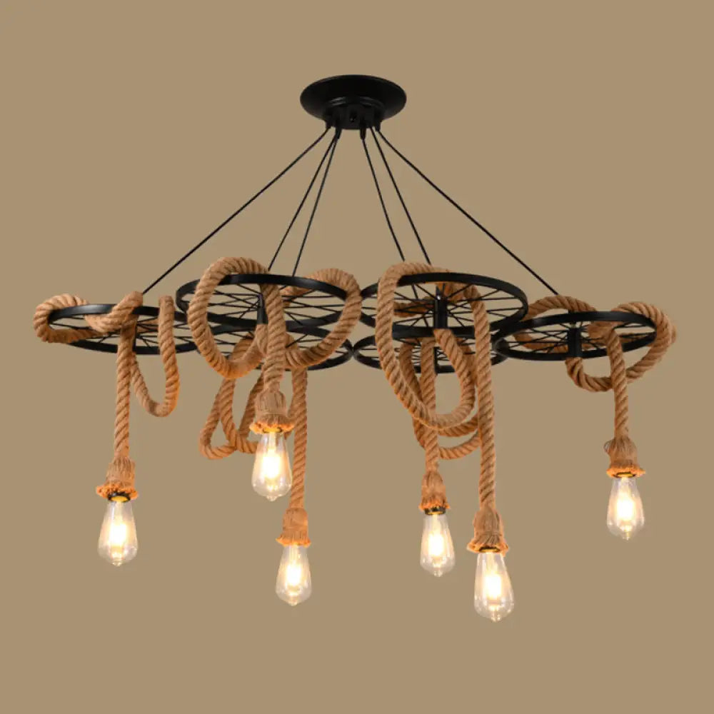 Black Metal Wheel Chandelier with Open Bulb Design - Perfect for Dining Room Lighting