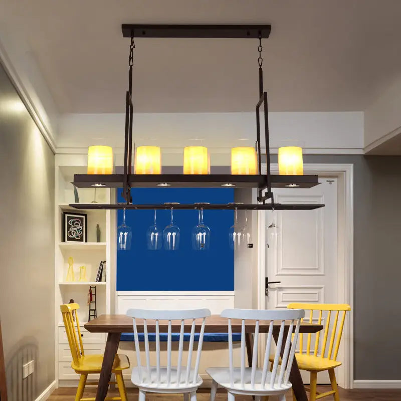 Black metal wine glass chandelier with five warm glass shades and adjustable chain cord length for dining room lighting