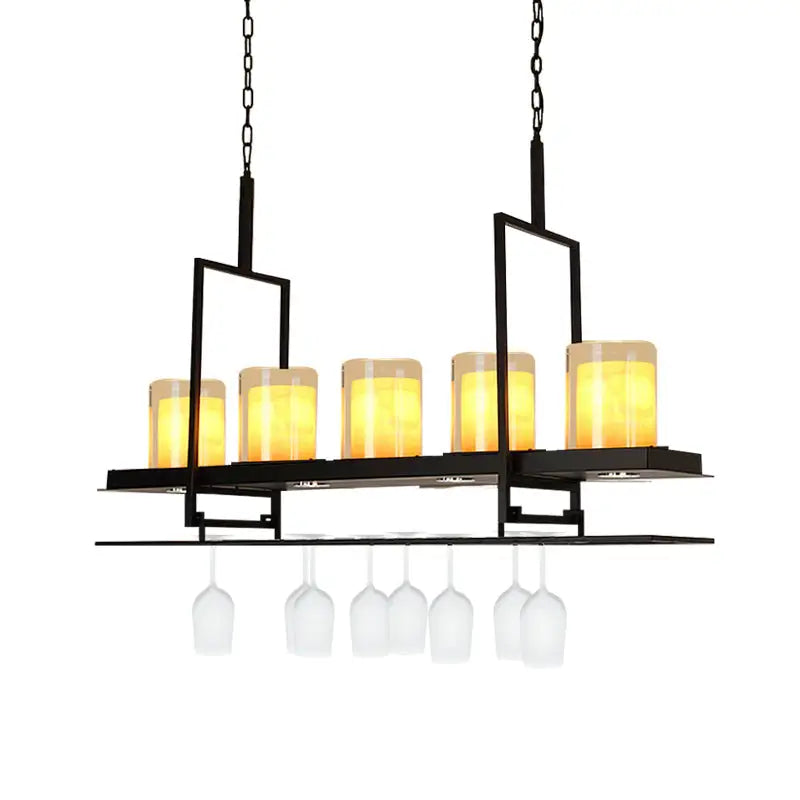 Black metal wine glass chandelier with five amber led incandescent lights and chain cord length for dining room use