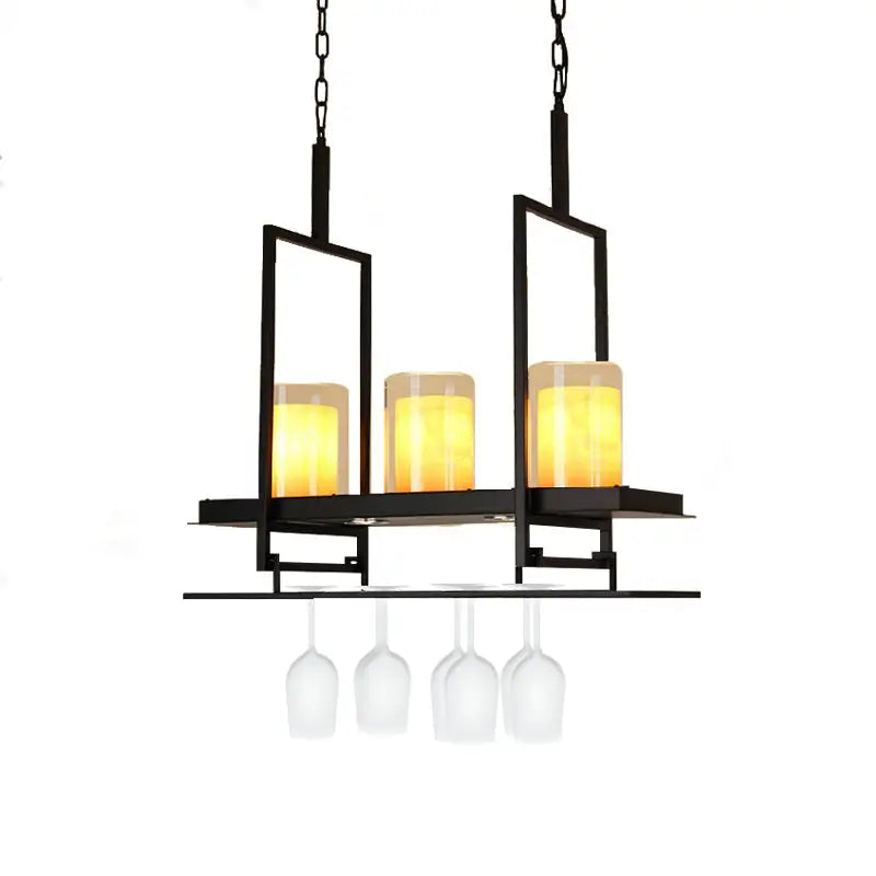 Black metal wine glass chandelier with three amber led incandescent fluorescent candle-style lights and chain cord length