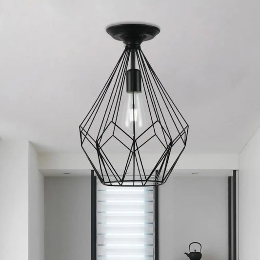 DecorBites™ Black Metallic Cage Diamond Ceiling Light Fixture for Corridor - Loft Industrial Style, Close to Ceiling Light